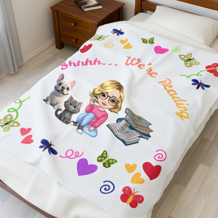 Reading Nook Velveteen Plush Blanket — “Shhhhh... we’re reading” Booklover Throw