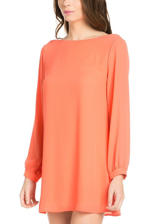 long sleeve shift dress in coral